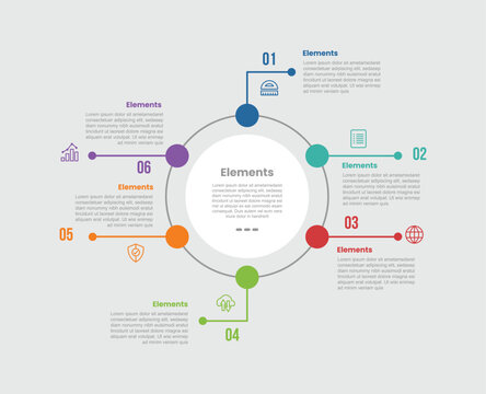 6 elements infographic comparison diagram with big circle center with dot point spreading around on cycle circular with dot line style 6 step for slide presentation