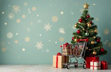 Grocery cart from supermarket under Christmas tree with gifts with red ribbons. New Year advertising banner for winter sale in a shopping center. Blank space for text.