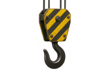 Industrial crane hook block with yellow black stripes