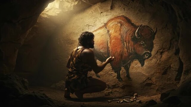 Man making cave painting. Prehistoric artist depicting bison on rock wall. Ancient art, paleolithic era, and human history concept.