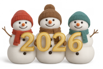 Snowmen celebrating 2026 new year winter holiday season