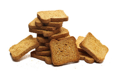 Pile sliced whole wheat dry integral bread with wholewheat flour isolated on white background, side view 