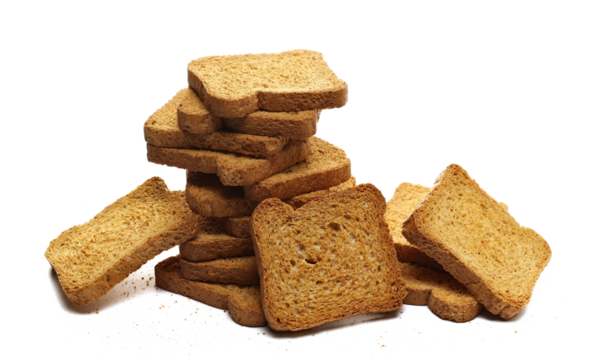 Pile sliced whole wheat dry integral bread with wholewheat flour isolated on white background, side view 