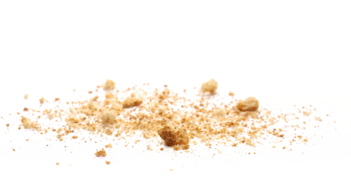 Crumbs  scattered, rusks with wholewheat flour isolated on white background and texture, side view