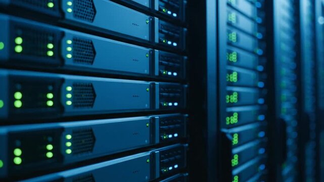 Close-up of server racks with blinking lights in a data center.
