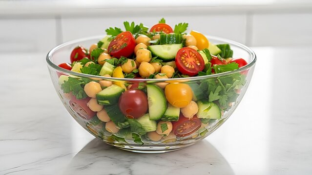 Invigorating chickpea salad with fresh cherry tomatoes, cucumbers, and parsley served in a glass