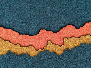 Abstract textured background with wavy layers of intricate swirling patterns in blue, coral, and gold hues