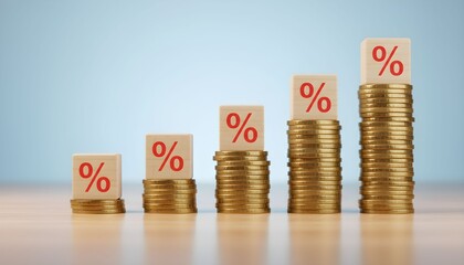 Stacks of gold coins with increasing percentage symbols representing financial growth or interest rates.