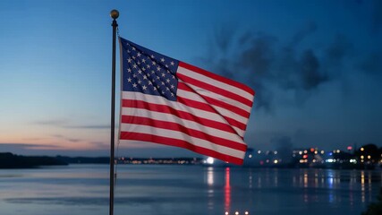 American flag waving proudly against a vibrant fireworks display over calm waters celebrating the 4th of July with patriotism and national pride
