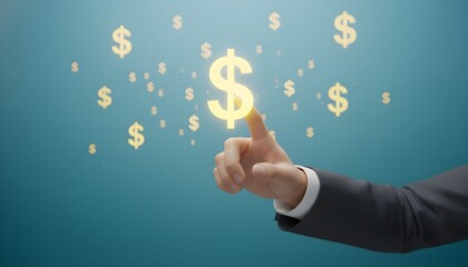 Businessman's hand pointing at a glowing golden dollar sign symbol on a blue background.