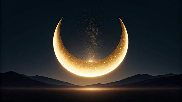 A glowing crescent moon shimmering with stardust over a landscape