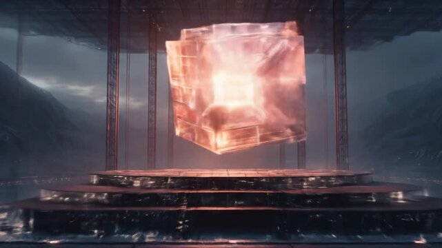 Mysterious glowing crystalline cube artifact floating above an ancient pedestal in a dramatic, dark, futuristic sci-fi setting.