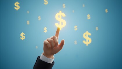 A businessman's hand touching a glowing golden dollar sign on a digital interface.
