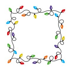 Square shaped Christmas lights frame. Vector colorful tangled string of light bulb garland. Decorative New Years element for greeting cards, invitations, banners, posters