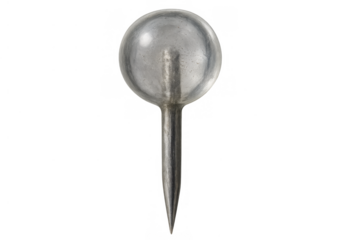 Silver metallic thumbtack with sharp tip, office stationery item providing attachment and pinning function on transparent background