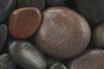 Wet  Pebbles stones on seashore as  texture background for design web banner template page. SPA...