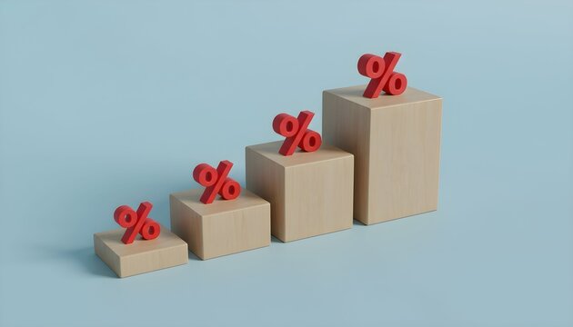 A visual representation of increasing percentages shown as red percent signs on ascending wooden blocks against a light blue background.