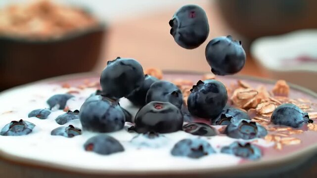 Blueberries falling into yogurt with granola.