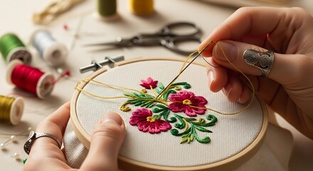 Embroidery art in action, a stitcher's focus on floral needlework creation
