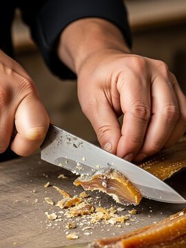 Careful preparation of smoked fish jerky using sharp knife for gourmet taste