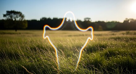 Ethereal spectral figure wandering amid grassy field at sunset hour