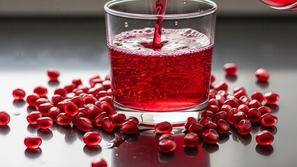Vibrant pomegranate juice cascade in a clear glass, surrounded by fresh arils on a reflective