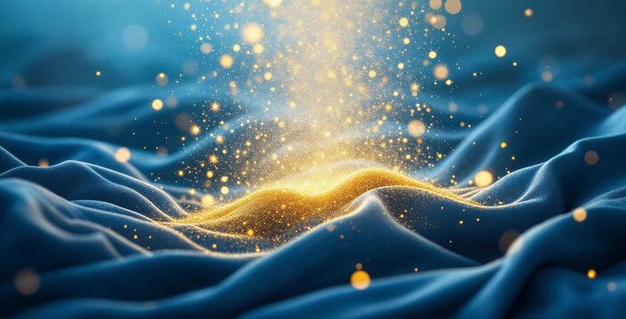 Abstract background with golden glitter sparkling over a wavy blue fabric. Luxurious and festive native scene for Christmas holiday concepts. Magic light particles and glowing bokeh effect