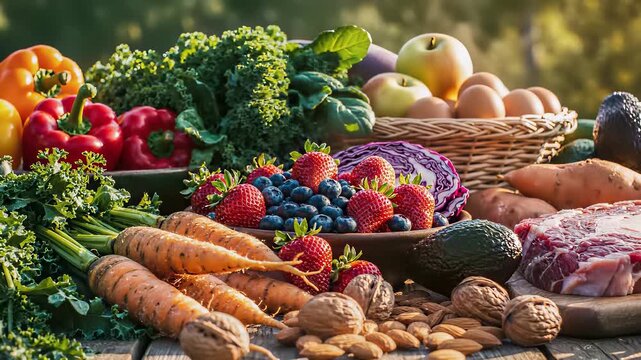 Fresh fruits and vegetables in abundance perfectly capture the concept of healthy living aligning with the paleo lifestyle, ideal for marketing materials promoting whole foods or social media.
