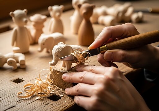 Crafting miniature wooden toys, skilled hands carving with precision tool