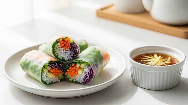 Vibrant vegan spring rolls with dipping sauce on a bright white table setting