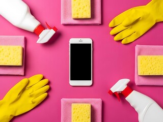 Bright pink background with cleaning supplies and a white smartphone
