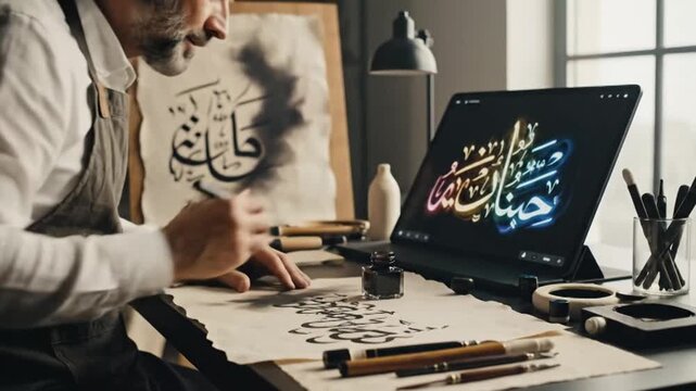 Master Calligrapher Blends Traditional Artistry with Digital Innovation, Crafting Arabic Script on Paper and Screen