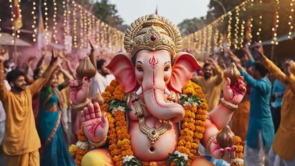 A vibrant ganesh chaturthi festival captures the spirit of joyous celebration with dancing and devotion. tradition and unity shine in the dancing crowd and colorful festivities.