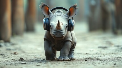 Baby rhino with playful headphones 