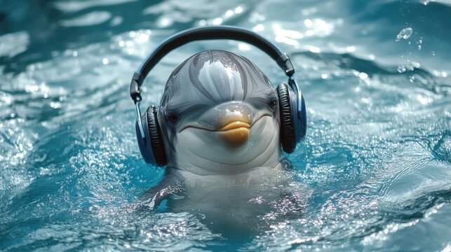 Cute dolphin with smiling face and headphones 