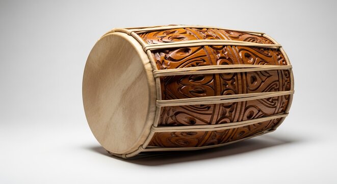 Close-up studio shot of a beautifully carved gendang drum, showcasing its intricate design and
