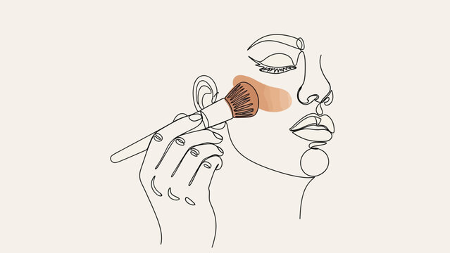 Elegant minimal line art illustration featuring a woman applying makeup with a brush