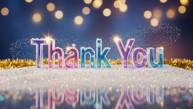 Vibrant festive thank you text with glowing multicolor letters and sparkling holiday bokeh lights