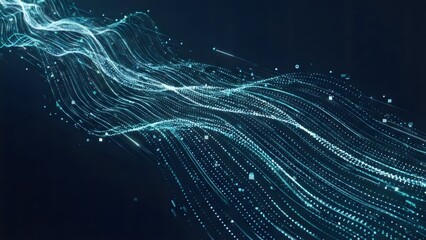 Abstract flowing particles moving forward, clean minimalist aesthetic, business data and transformation.