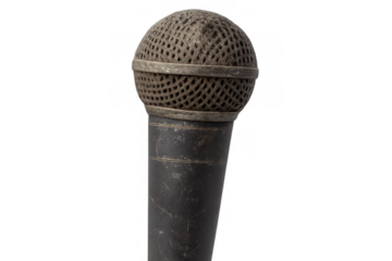 Vintage wired microphone with a dusty metallic grille representing retro communication and recording music