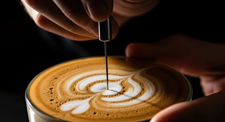 Obraz premium Latte art creation close-up showcasing precision and skill in crafting a beautiful coffee design,