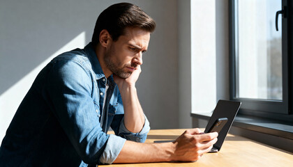 Concerned man looking at his smartphone with a serious expression. Businessman facing a problem or stress at his desk in the office. Bad news and financial crisis concept