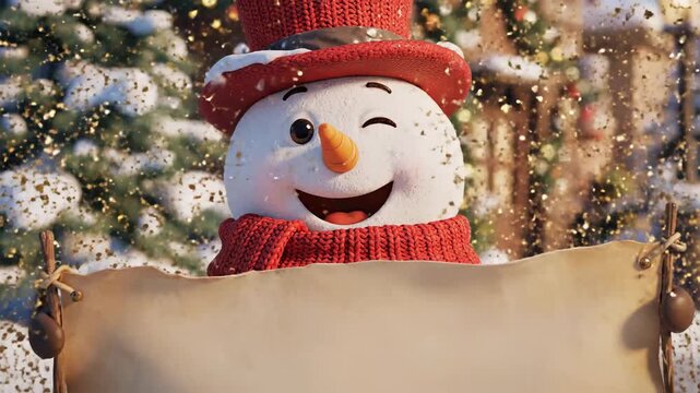Animated snowman with blank scroll against festive winter background