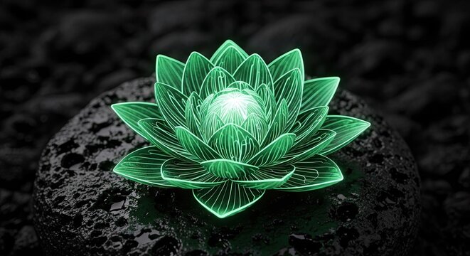 Radiant green lotus flower on a dark rock, a symbol of purity and enlightenment creating a sense
