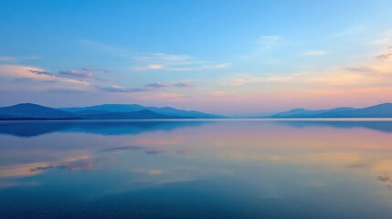 Fototapeta premium Smooth Lake With Gradient Sky and Reflection Shows Mountains and Horizon at Dusk With Soft Colors and Gentle Light