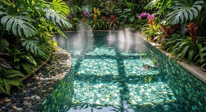Serene tropical pool amidst lush greenery, creating a tranquil spa oasis and retreat destination