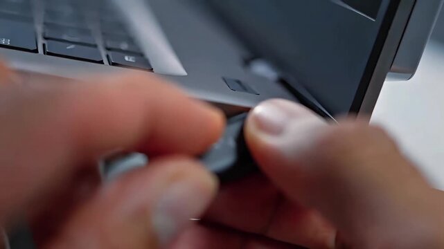 Hand plugging usb cable into laptop port, technology connection and charging setup close up video