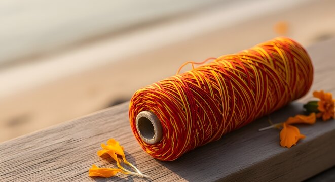Close-up of sacred red and yellow thread (Mauli) with marigold petals on wooden railing for Hindu devotional ritual concept at Ganga Sagar Mela