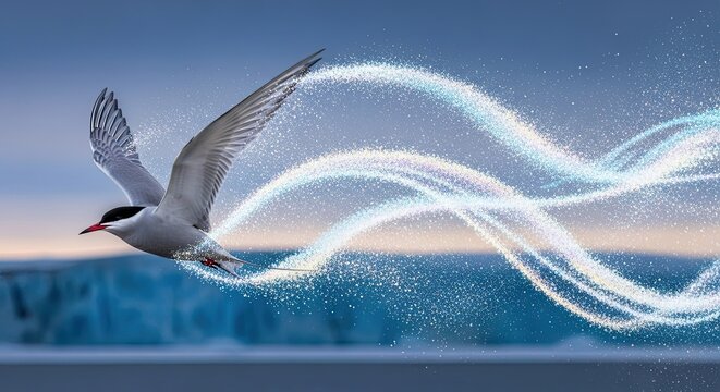 Arctic Tern in Flight Emitting Luminous Trail Over Icy Landscape Depicting Freedom