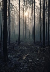 Obraz premium Burned Forest After Wildfire Destruction